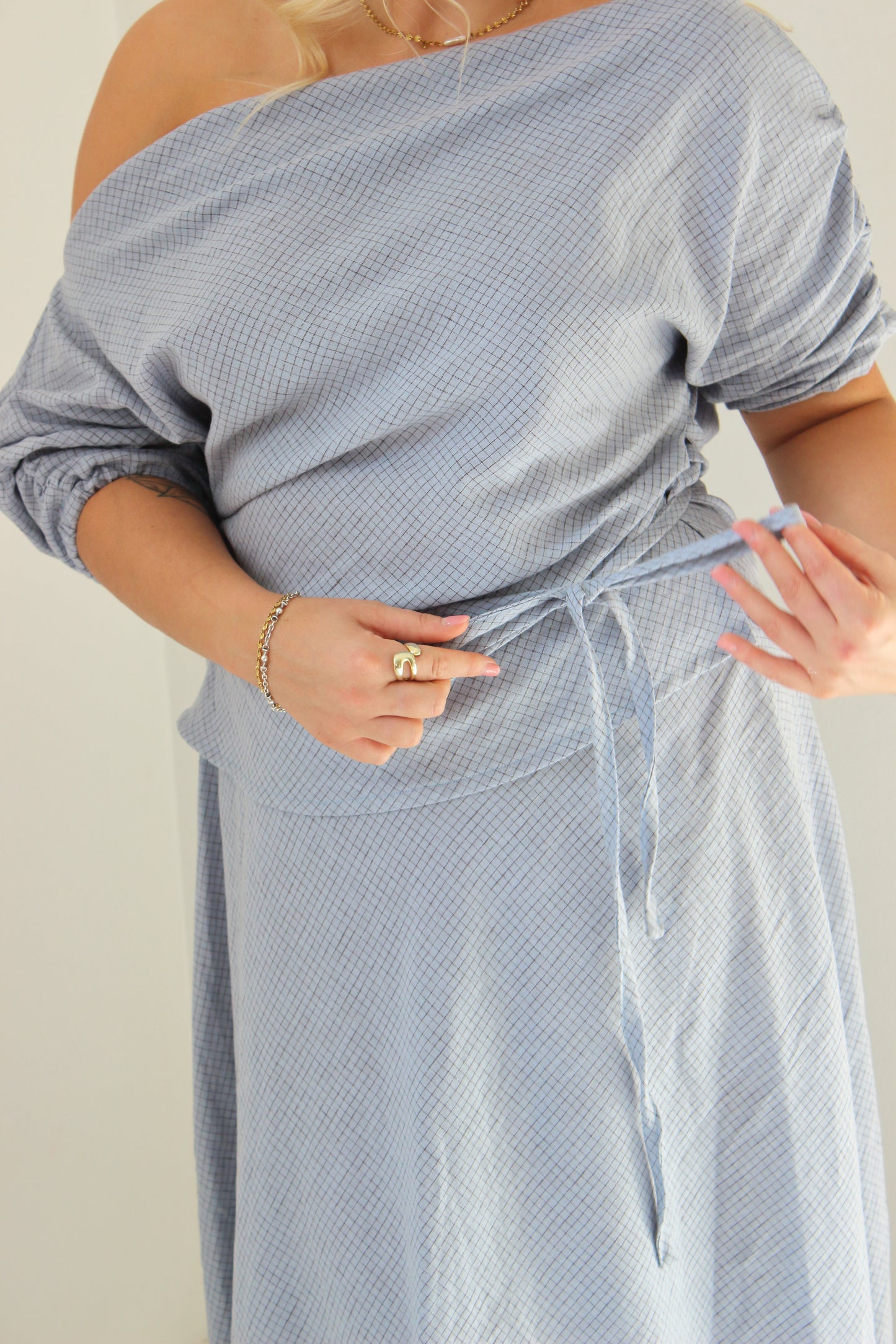 Alice Bias Cut Skirt in Baby Blue Check