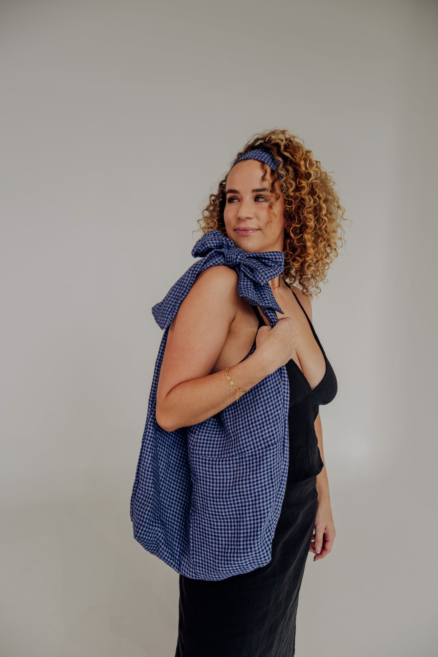 Patchwork Bow Tote Bag in Blue Gingham