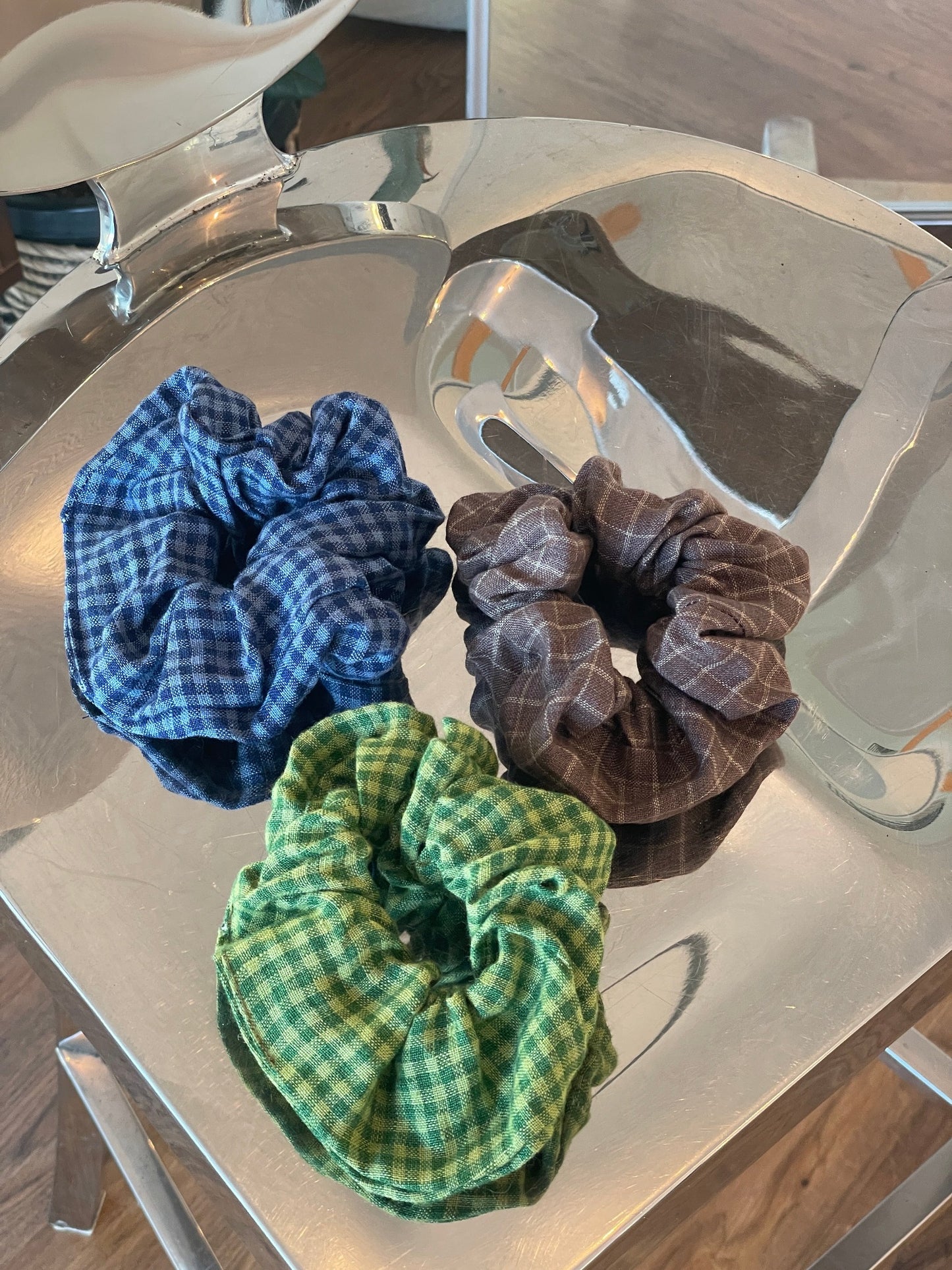 Blue Gingham Linen Scrunchie