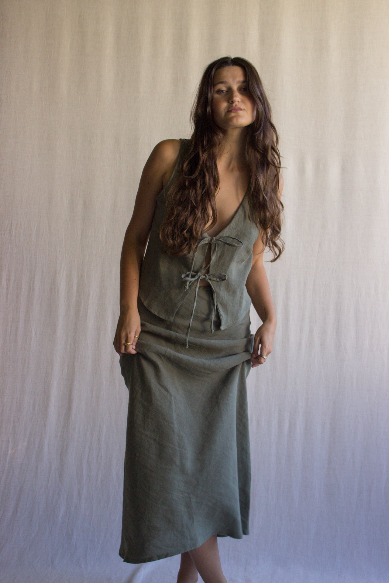 Cora Bias Cut Maxi Skirt in Olive