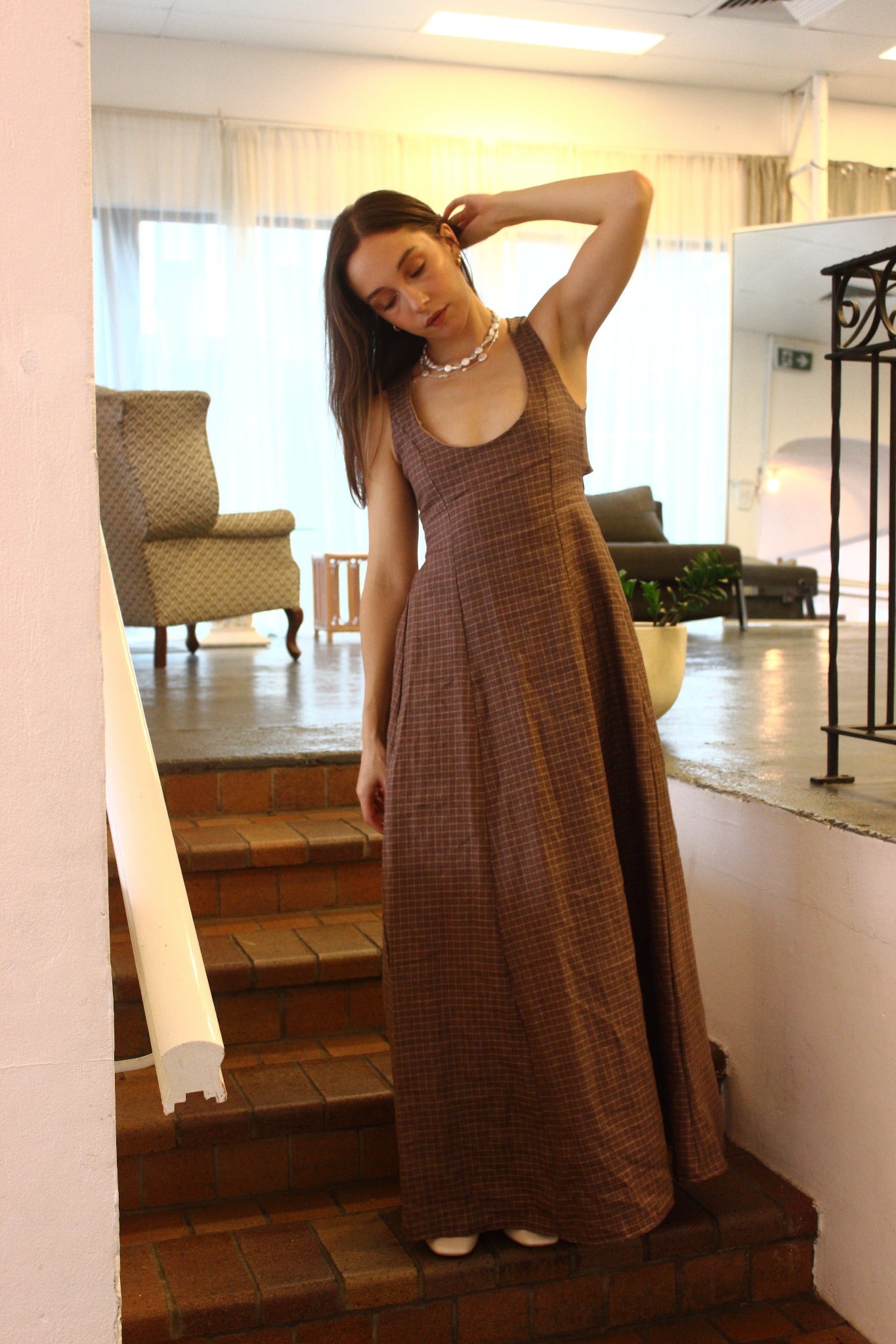 Margot Maxi Dress in Brown Gingham