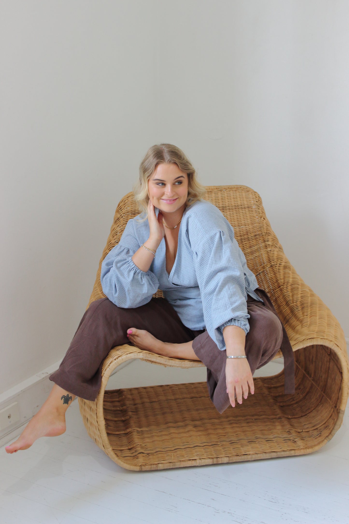 Charlie Wrap Top in Baby Blue Check