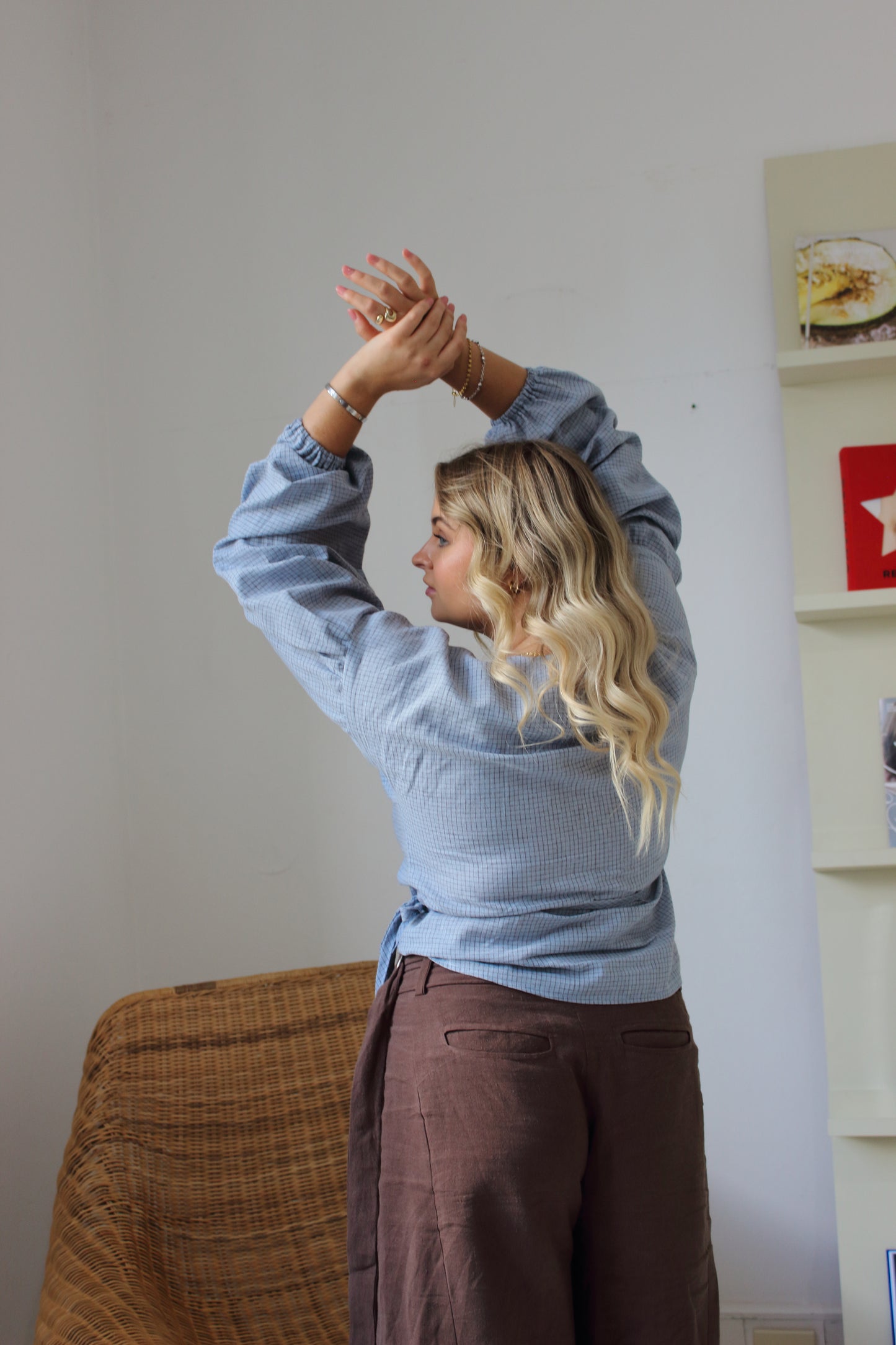 Charlie Wrap Top in Baby Blue Check