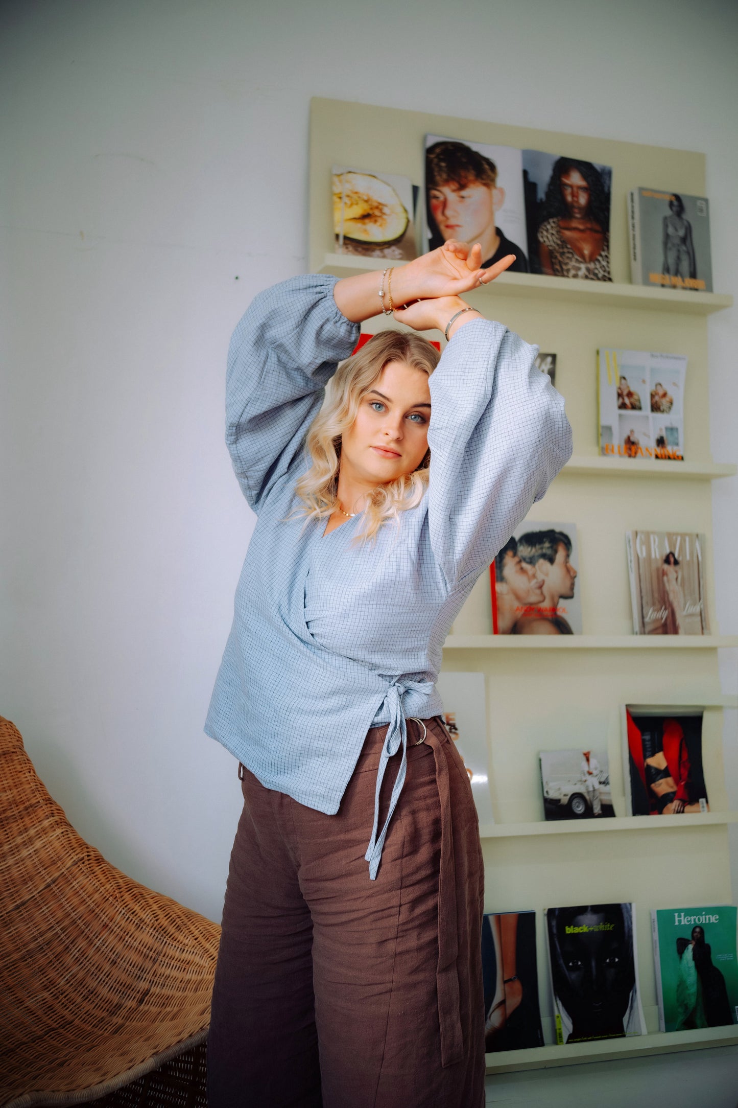 Charlie Wrap Top in Baby Blue Check