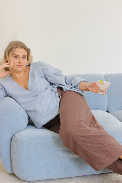 Charlie Wrap Top in Baby Blue Check