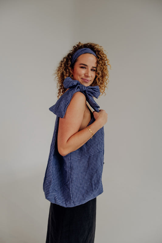 Patchwork Bow Tote Bag in Blue Gingham