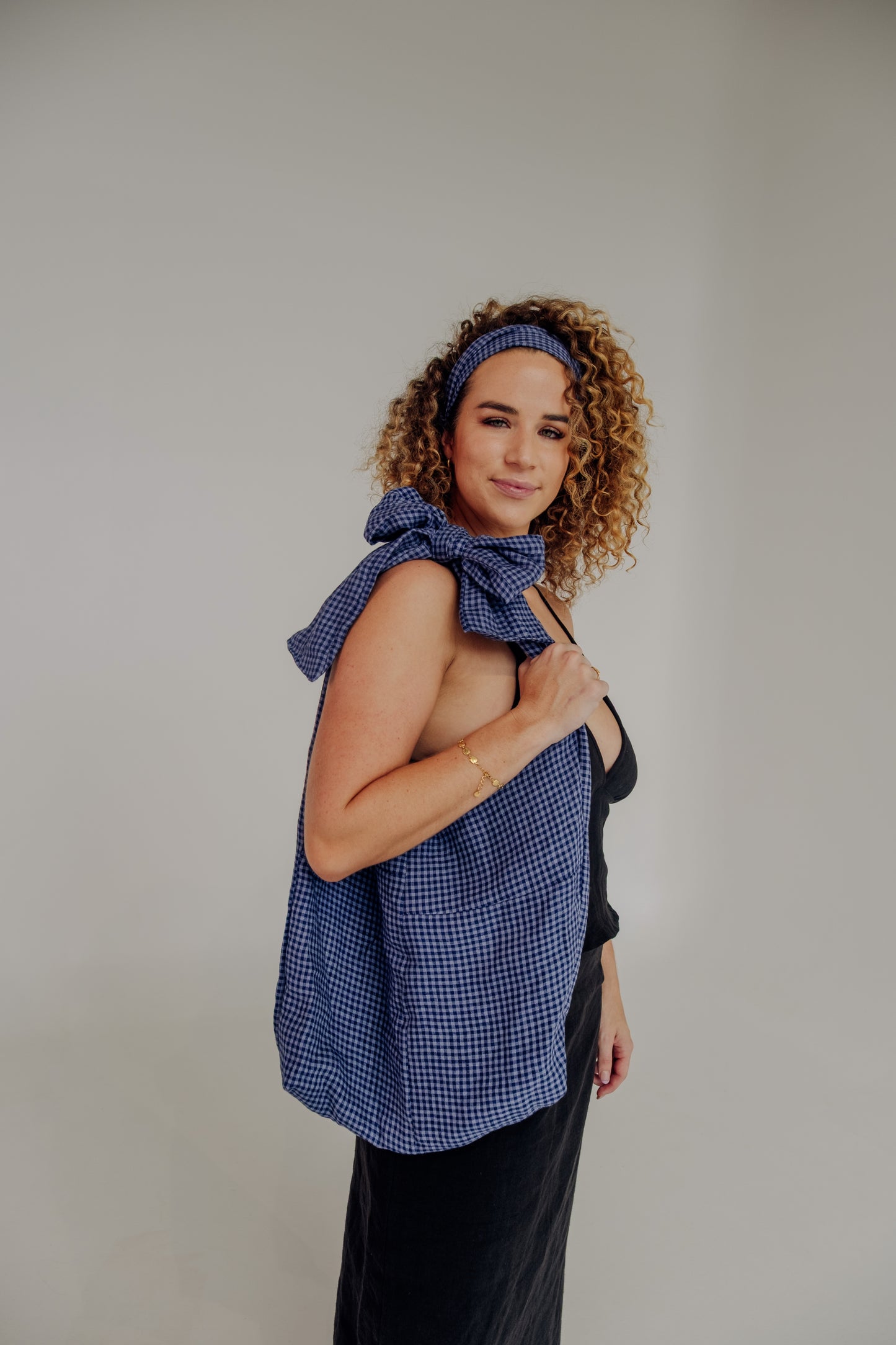 Patchwork Bow Tote Bag in Blue Gingham