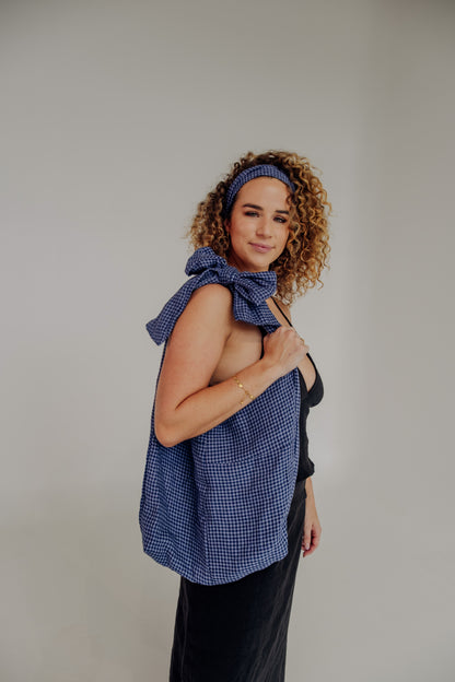 Patchwork Bow Tote Bag in Blue Gingham