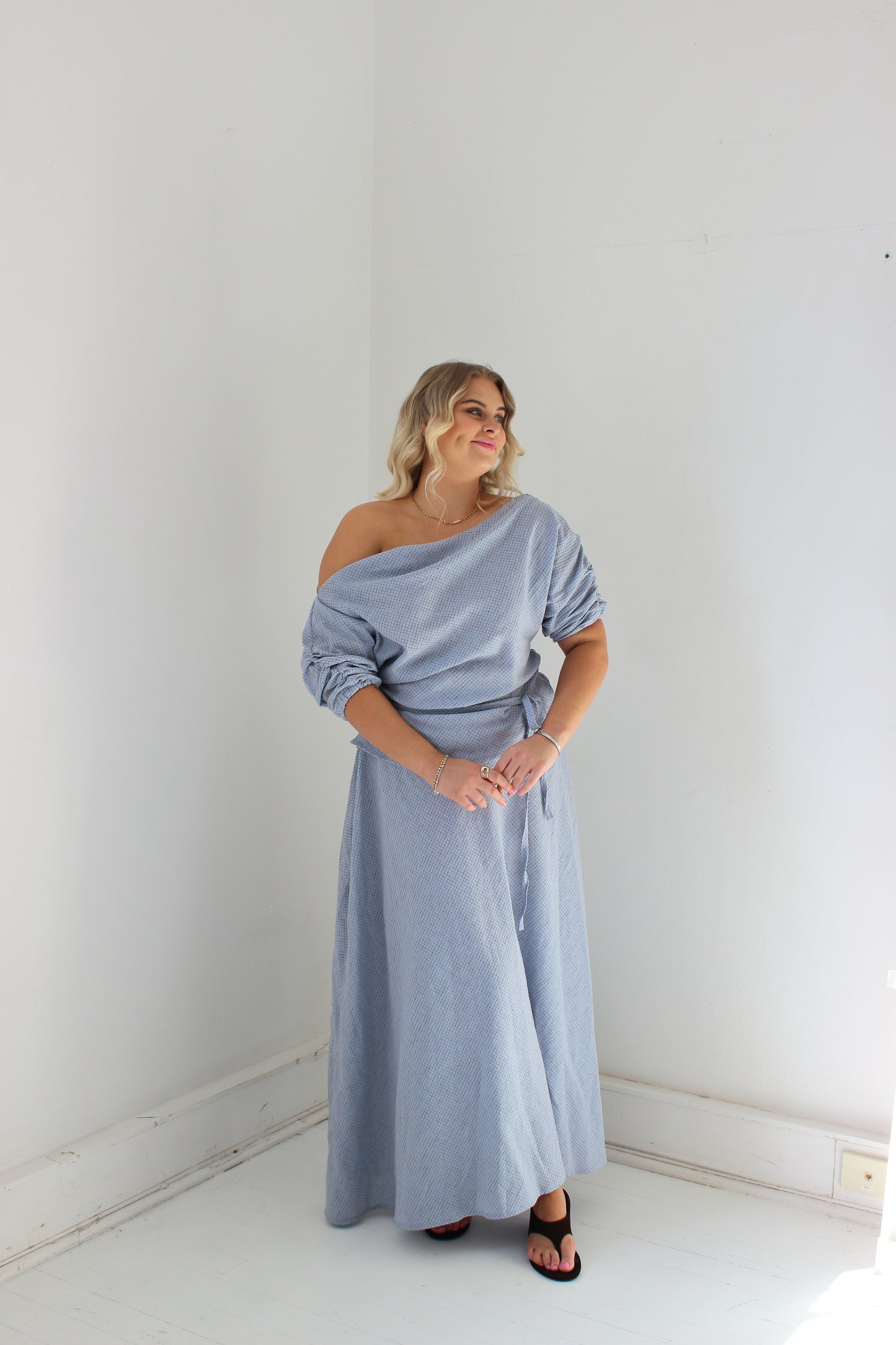 Alice Bias Cut Skirt in Baby Blue Check