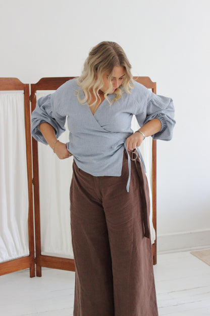 Charlie Wrap Top in Baby Blue Check