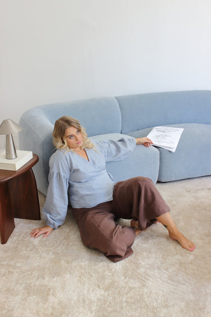 Charlie Wrap Top in Baby Blue Check