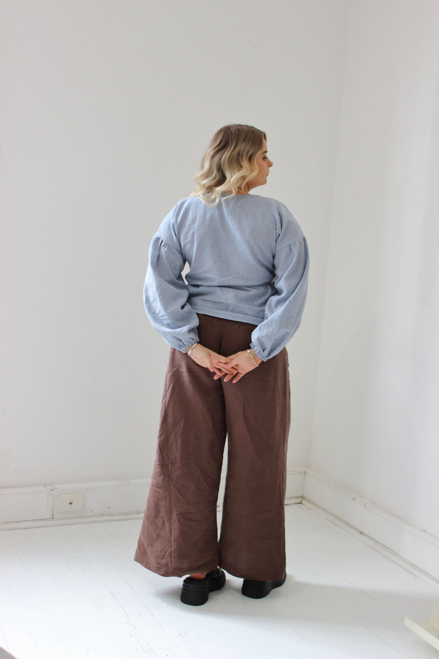 Charlie Wrap Top in Baby Blue Check
