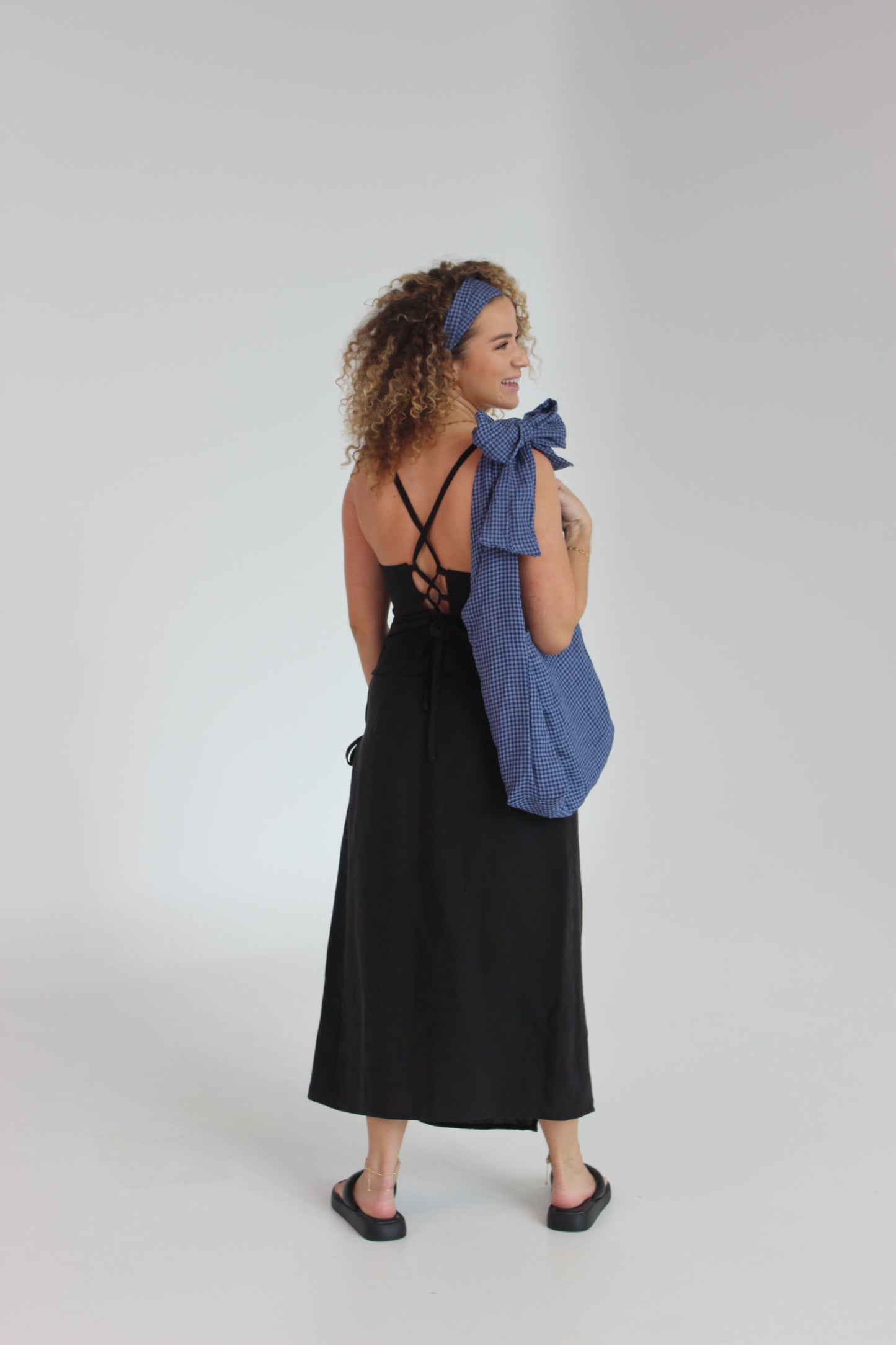 Patchwork Bow Tote Bag in Blue Gingham
