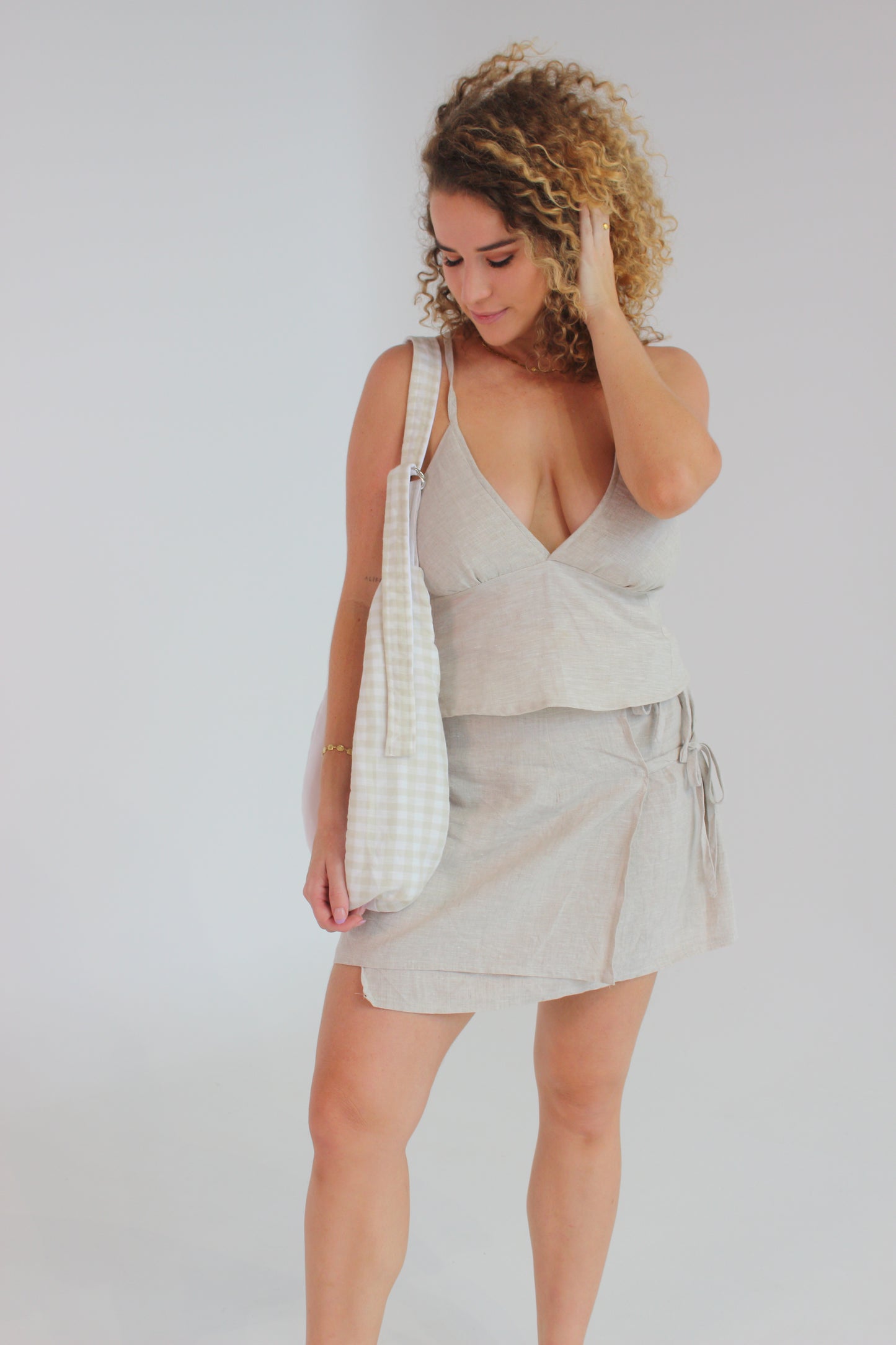 What's Left Bag in Beige Striped Gingham